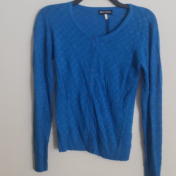 Miss SaSa Button Down Cardigan New blue Sheer - Picture 3 of 4